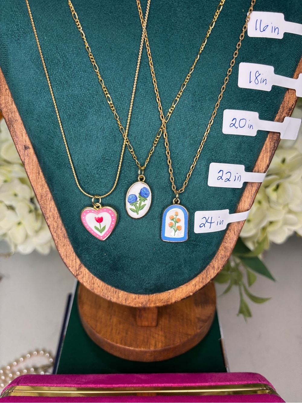 3 Gold-Tone Floral Heart & Arch Pendant Necklaces - Avon Pink, Blue, White